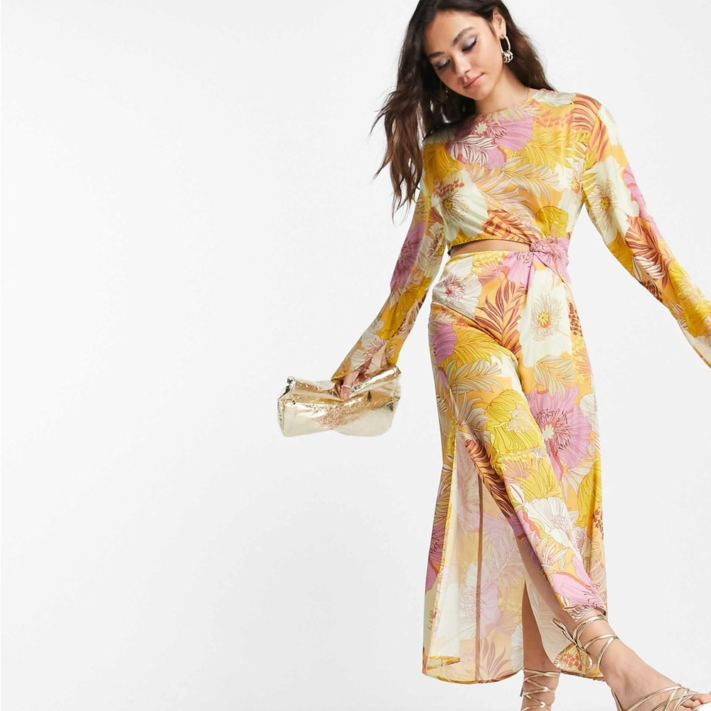 Topshop occassion tropical floral cut out midi dress in multi